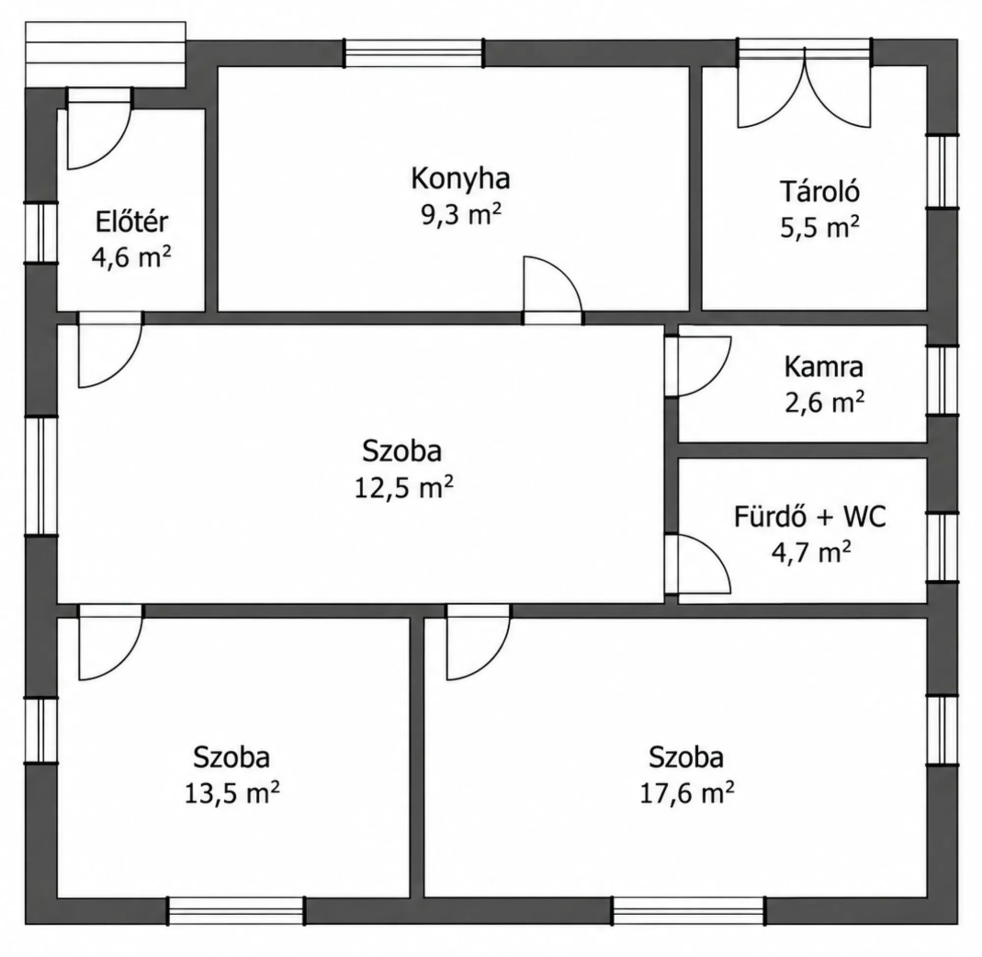 Az alaprajz helyiségenkénti méretekkel
